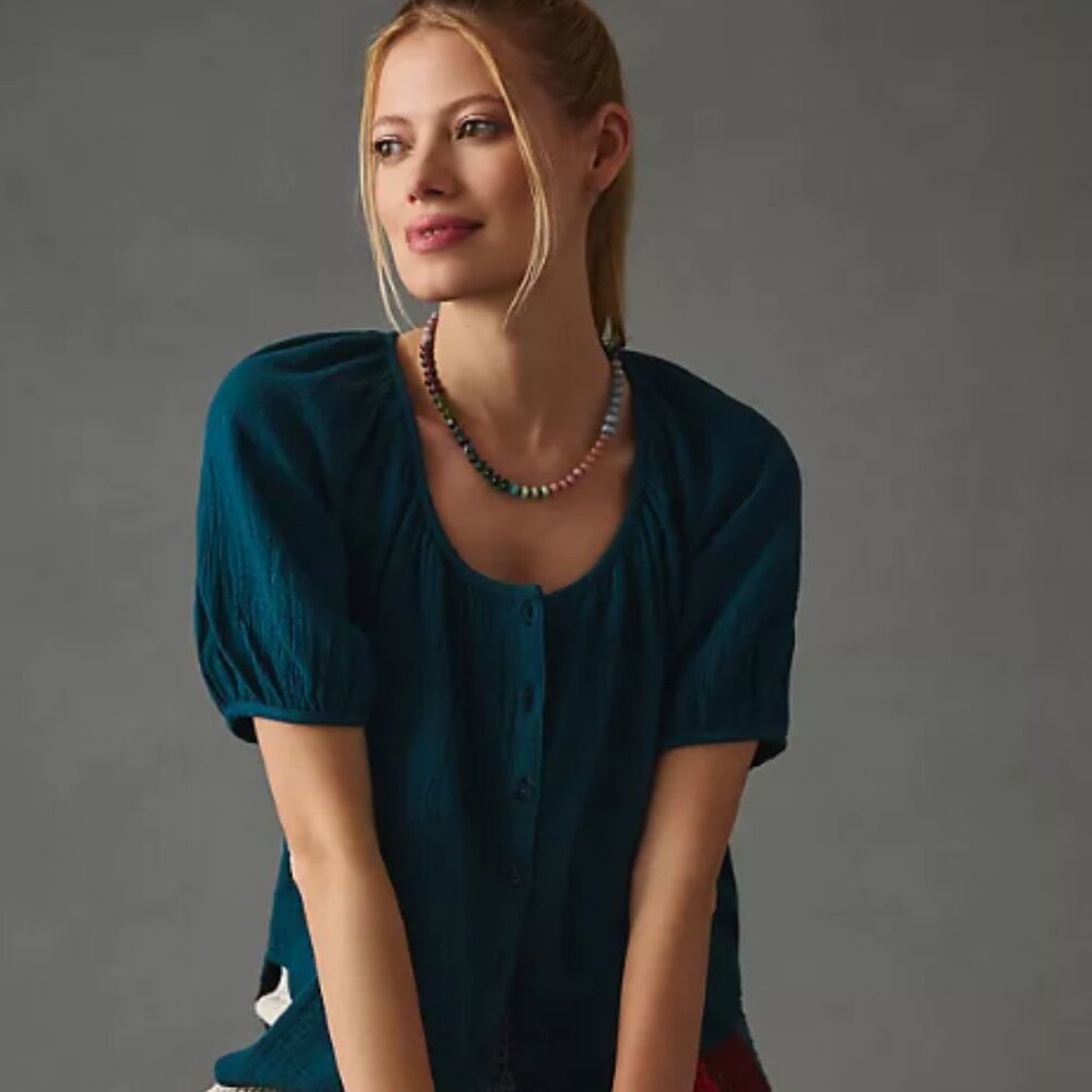 128 Anthropologie PILCRO Puff-sleeve Gauze Blouse In Blue Size 3X